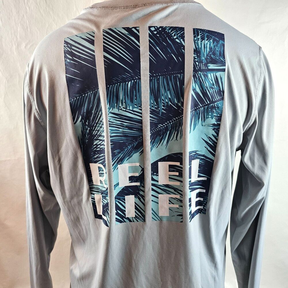 Reel Life Men Large Long Sleeve Fishing Shirt Gray Blue Palm Graphic Performance